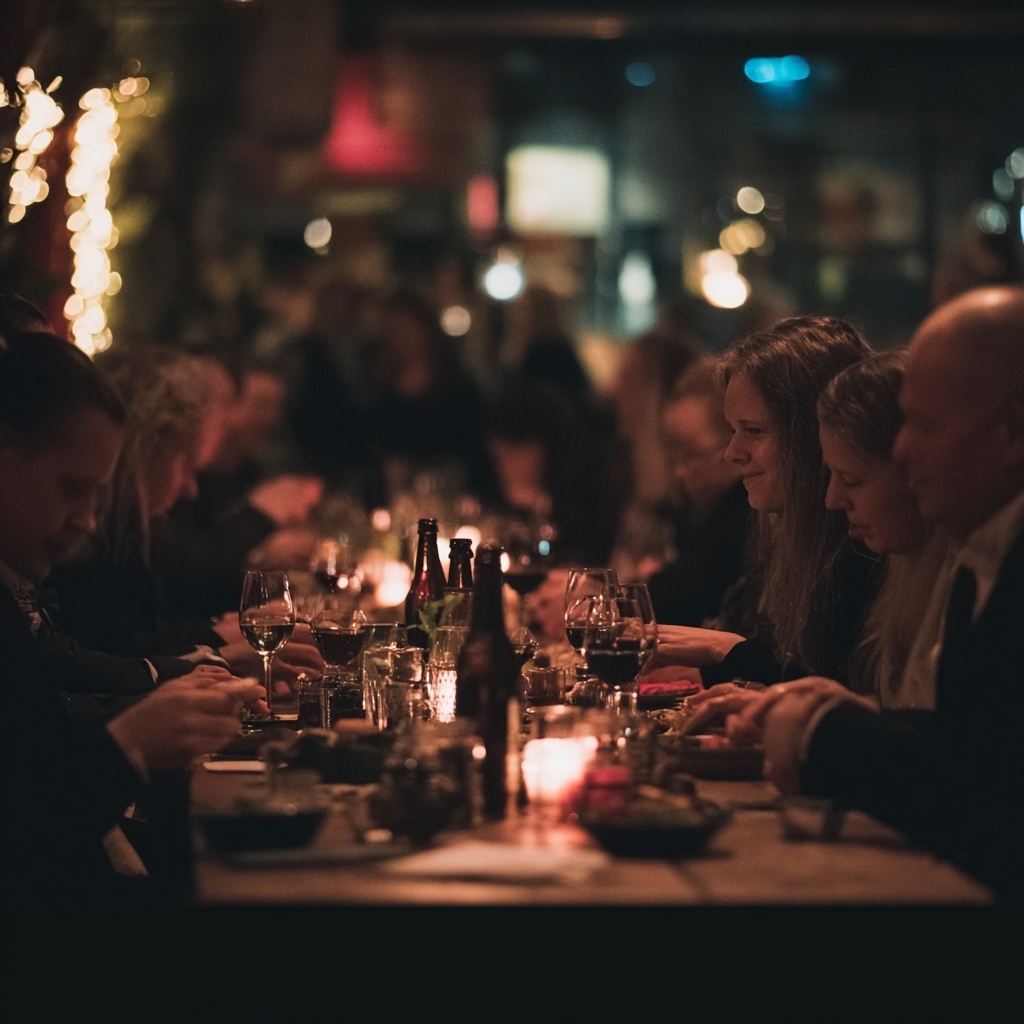 Julebord med intim atmosfære og gode samtaler – levert av Medvind Stemningsfull middag med tente lys og samtaler rundt langbord – julebord arrangert av Medvind.