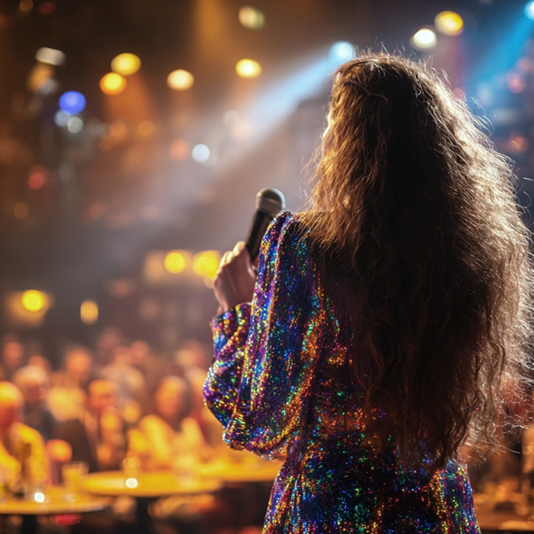 Julebord med live underholdning og sceneshow – Medvind skaper stemning Artist på scenen under julebord med publikum i bakgrunnen – underholdning levert av Medvind.
